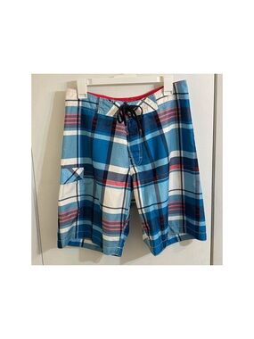 Men's Old Navy Board Shorts Medium Plaid Pattern Blue
